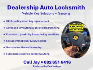 Mobile auto locksmith for dealerships in Gauteng programming luxury vehicle key inside Ferrari