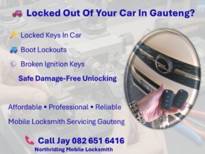 Locksmith unlocking car door safely during vehicle lockout service Gauteng