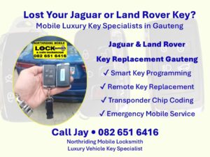Luxury car key specialist flyer for Jaguar and Land Rover remote key replacement service in Gauteng by Northriding Mobile Locksmith.
