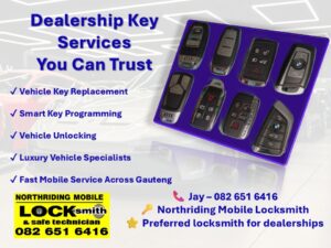Automotive dealership key services including vehicle key replacement, smart key programming and luxury vehicle locksmith solutions by Northriding Mobile Locksmith Gauteng