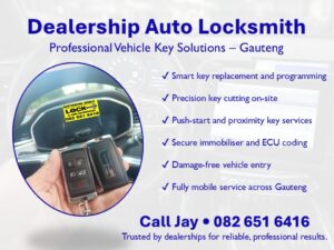 Smart key replacement and programming by dealership auto locksmith in Gauteng
