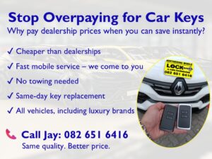 Mobile locksmith holding replacement car keys in front of a vehicle, advertising affordable same-day car key services in Gauteng.