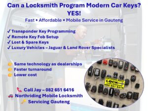 Mobile locksmith in Gauteng coding car keys and remotes including Jaguar and Land Rover key programming