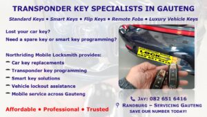 Northriding Mobile Locksmith flyer promoting transponder key replacement, smart key programming, and luxury vehicle locksmith services across Gauteng with Porsche smart keys displayed.