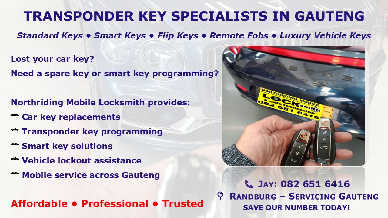 Northriding Mobile Locksmith flyer promoting transponder key replacement, smart key programming, and luxury vehicle locksmith services across Gauteng with Porsche smart keys displayed.