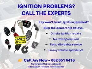 Car ignition problems Gauteng locksmith advert with mobile service, key extraction and ignition repair by Northriding Mobile Locksmith