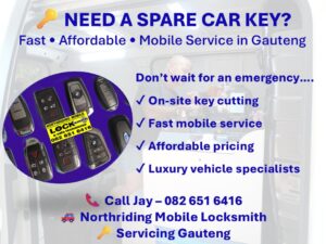 Car key duplication Gauteng advert with mobile locksmith service, on-site key cutting and affordable pricing