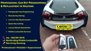 Mobile locksmith flyer showing BMW key programming, transponder key replacement, remote pairing, and luxury vehicle locksmith services in Gauteng.