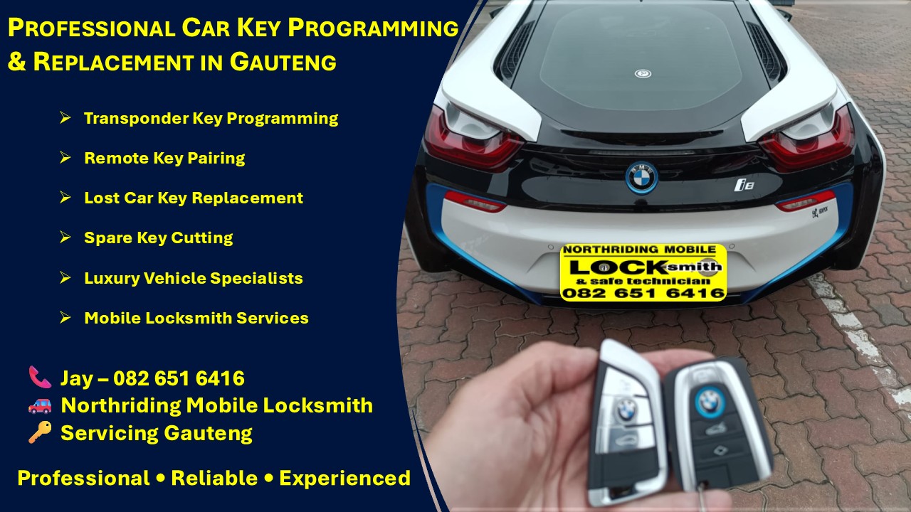 Mobile locksmith flyer showing BMW key programming, transponder key replacement, remote pairing, and luxury vehicle locksmith services in Gauteng.
