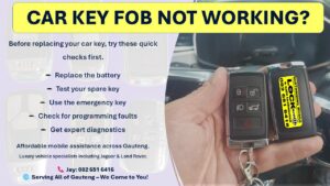 Car key fob troubleshooting flyer by Northriding Mobile Locksmith showing quick checks before replacing a car remote, including battery replacement, spare key testing and programming diagnostics in Gauteng.