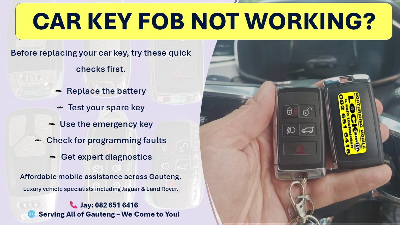 Car key fob troubleshooting flyer by Northriding Mobile Locksmith showing quick checks before replacing a car remote, including battery replacement, spare key testing and programming diagnostics in Gauteng.