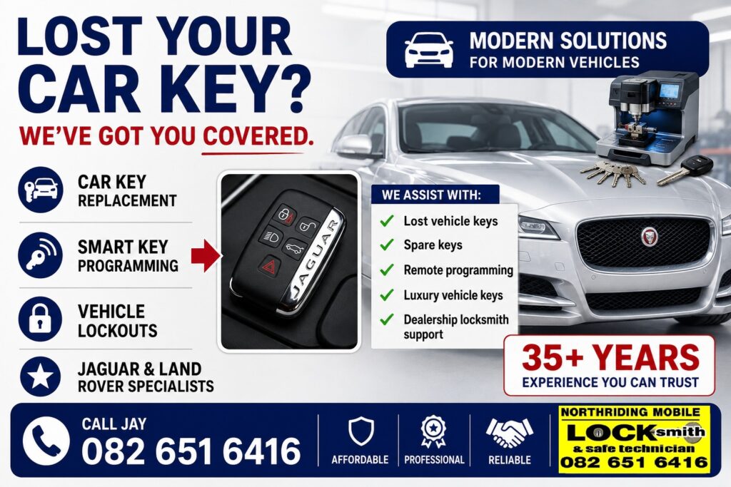 Jaguar and Land Rover specialist locksmith advert showing car key replacement, smart key programming, vehicle lockout services, and luxury vehicle key solutions by Northriding Mobile Locksmith