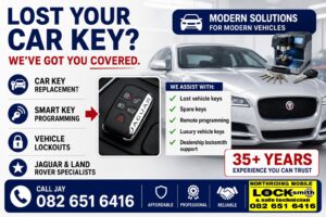 Jaguar and Land Rover specialist locksmith advert showing car key replacement, smart key programming, vehicle lockout services, and luxury vehicle key solutions by Northriding Mobile Locksmith
