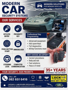 Modern car security systems and key programming services by Northriding Mobile Locksmith, specialising in Jaguar and Land Rover vehicle keys, diagnostics, immobilisers and key replacement across Gauteng.