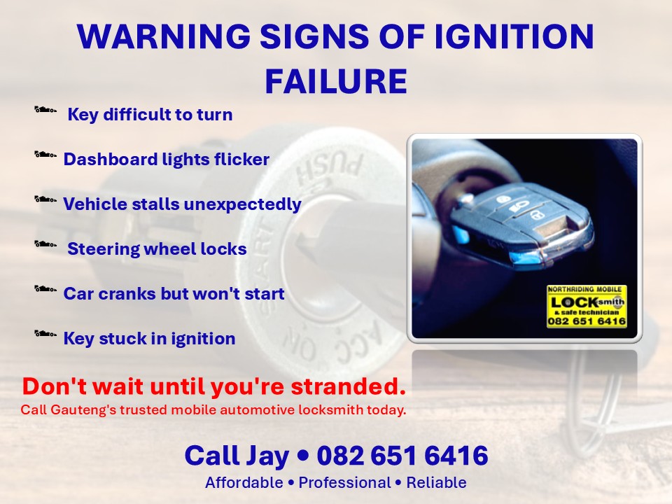 Warning signs of ignition failure infographic showing common symptoms including a key that is difficult to turn, dashboard lights flickering, vehicle stalling unexpectedly, steering wheel locking, car cranking without starting, and a key stuck in the ignition. Created by Northriding Mobile Locksmith Gauteng.