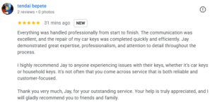 Five-star customer testimonial showing satisfaction with Northriding Mobile Locksmith car key replacement service