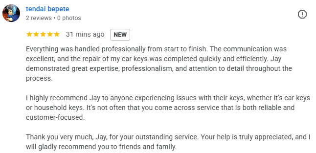 Five star customer testimonial for reliable car key replacement and locksmith services