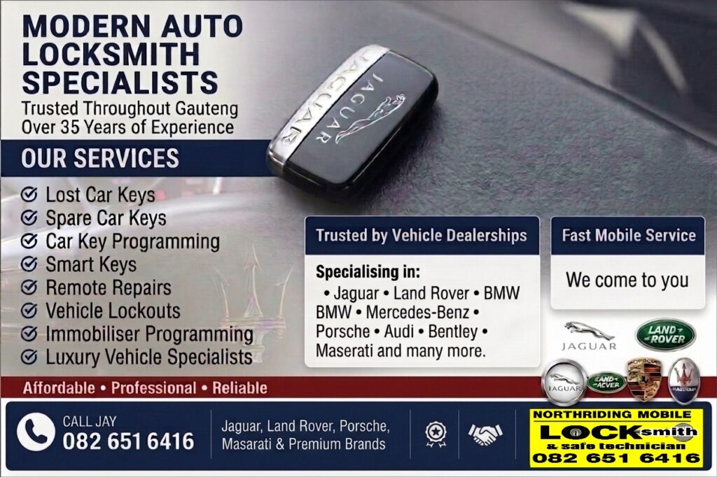 Modern auto locksmith flyer advertising lost car keys, car key programming, smart keys, vehicle lockouts and luxury vehicle locksmith services throughout Gauteng by Northriding Mobile Locksmith.