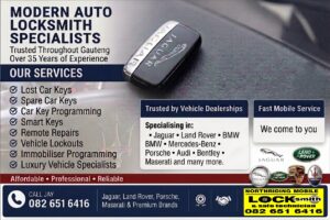 Promotional flyer for Northriding Mobile Locksmith featuring Jaguar smart key, replacement car keys, immobiliser programming, luxury vehicle specialists and fast mobile locksmith services across Gauteng.