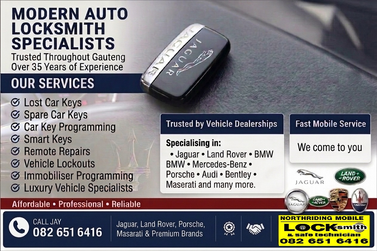 Promotional flyer for Northriding Mobile Locksmith featuring Jaguar smart key, replacement car keys, immobiliser programming, luxury vehicle specialists and fast mobile locksmith services across Gauteng.