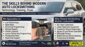 Promotional flyer for Northriding Mobile Locksmith featuring modern auto locksmith services, smart key programming, lost vehicle keys, transponder keys, luxury vehicle specialists and mobile locksmith services across Gauteng.