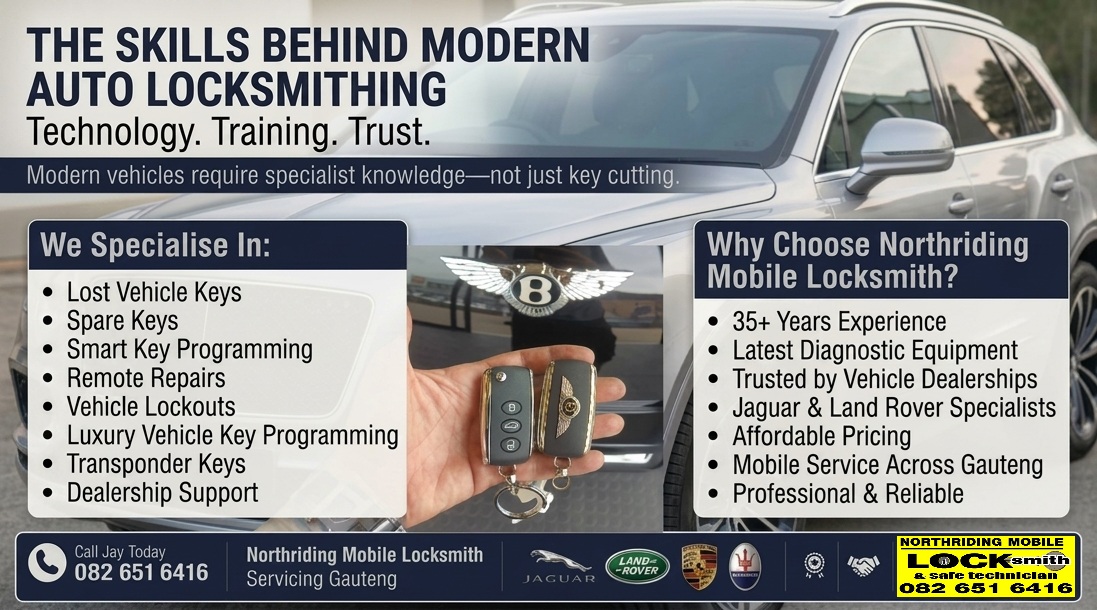 Promotional flyer for Northriding Mobile Locksmith featuring modern auto locksmith services, smart key programming, lost vehicle keys, transponder keys, luxury vehicle specialists and mobile locksmith services across Gauteng.
