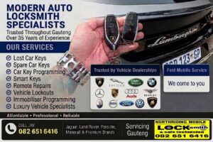 Northriding Mobile Locksmith advertising mobile auto locksmith services in Gauteng with luxury vehicle key programming, spare car keys, lost key replacement and dealership-trusted expertise.