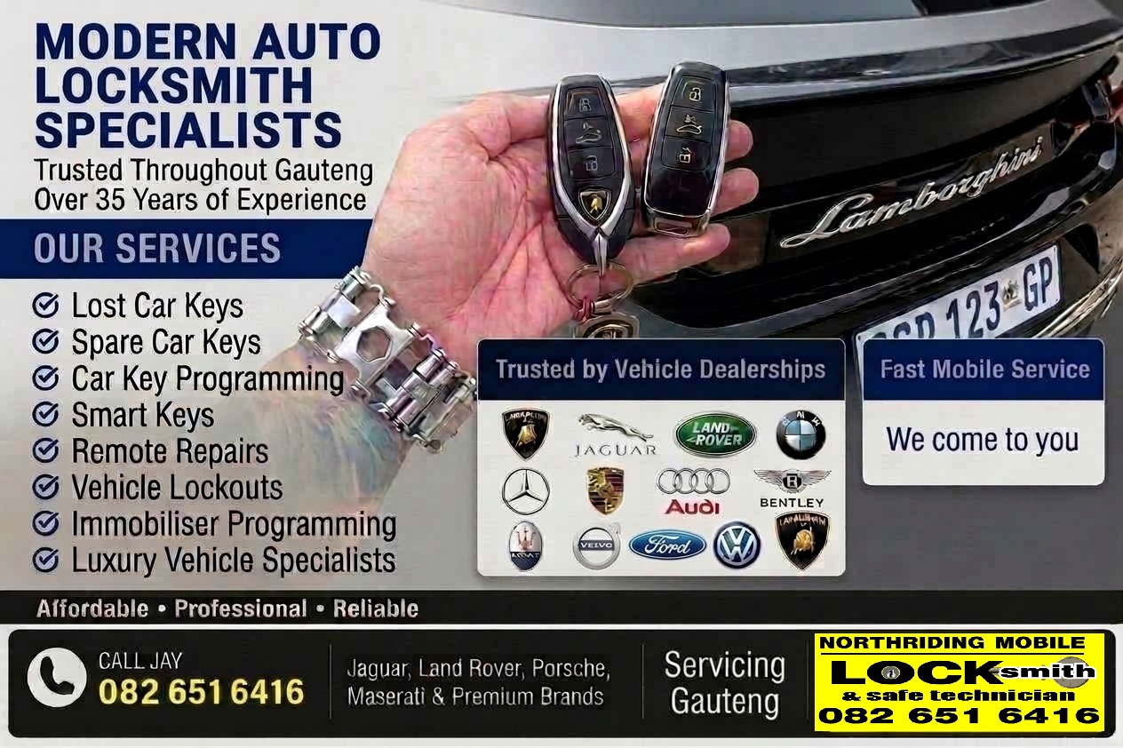 Northriding Mobile Locksmith advertising mobile auto locksmith services in Gauteng with luxury vehicle key programming, spare car keys, lost key replacement and dealership-trusted expertise.