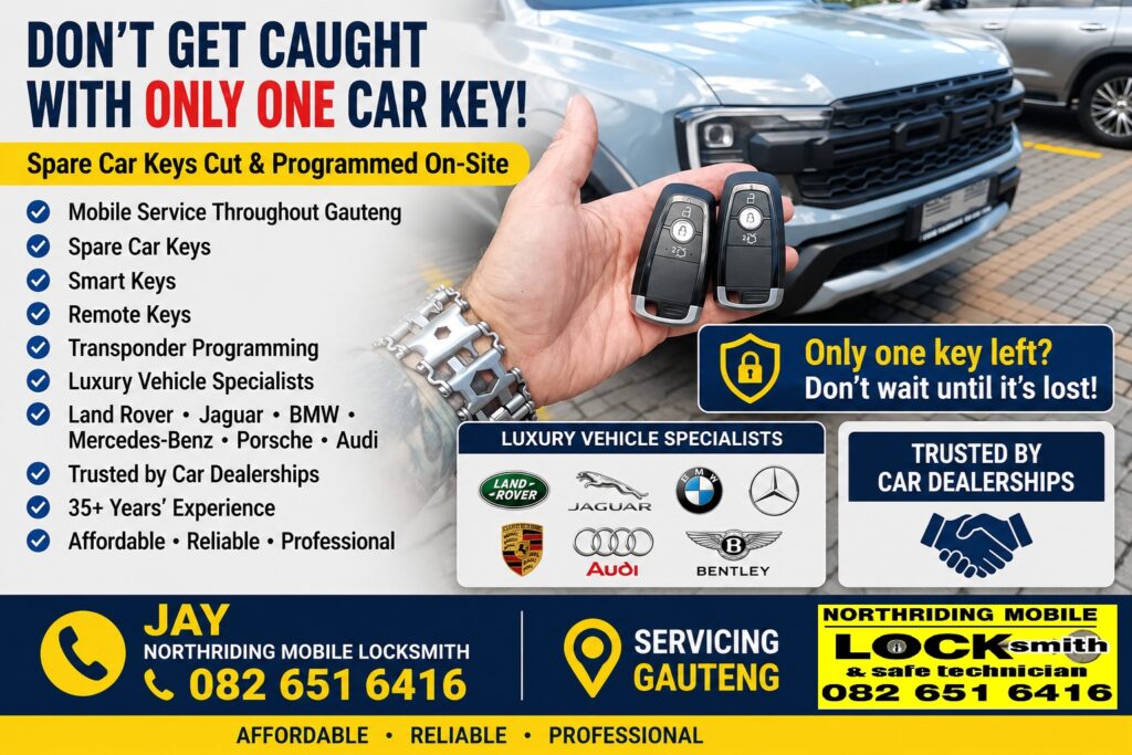 Professional mobile locksmith holding two programmed Ford smart keys in front of a Ford Raptor, promoting spare car key cutting and programming services across Gauteng.