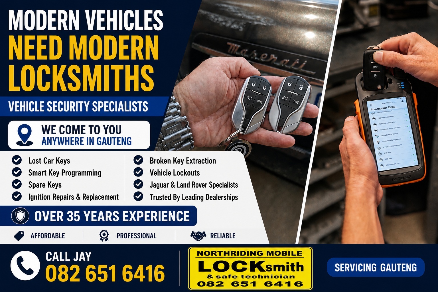 Professional Northriding Mobile Locksmith flyer featuring advanced car key programming, replacement smart keys, vehicle security services and mobile locksmith assistance across Gauteng.