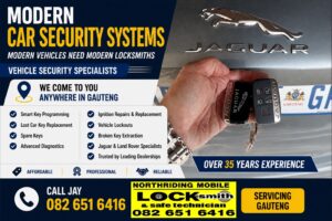 Modern Car Security Systems flyer promoting Northriding Mobile Locksmith's mobile automotive locksmith services in Gauteng, including smart key programming, lost car key replacement, ignition repairs, vehicle lockouts and Jaguar & Land Rover specialists.