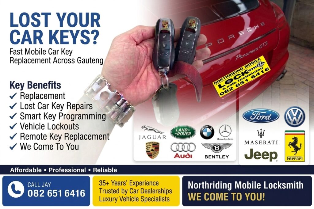 Mobile auto locksmith in Gauteng advertising lost car key replacement, smart key programming, remote key replacement and vehicle lockout services for luxury and everyday vehicles.