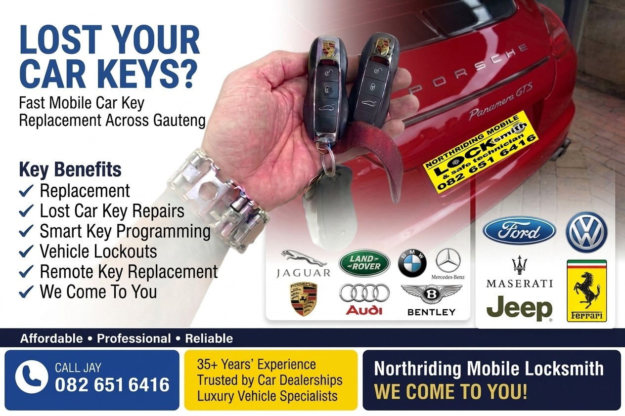 Lost car keys replacement flyer by Northriding Mobile Locksmith showing Porsche smart keys, mobile car key programming, vehicle lockout services and luxury vehicle key replacement across Gauteng.