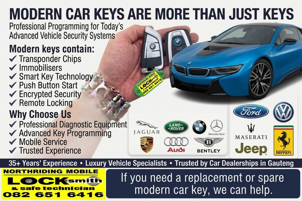 Modern car keys and advanced vehicle security systems, featuring BMW keys, luxury vehicles and professional key programming services from Northriding Mobile Locksmith in Gauteng.