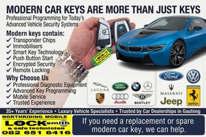 Professional modern car key replacement and programming in Gauteng, with smart keys, transponder technology and luxury vehicle brands including BMW, Jaguar, Land Rover and Mercedes-Benz.