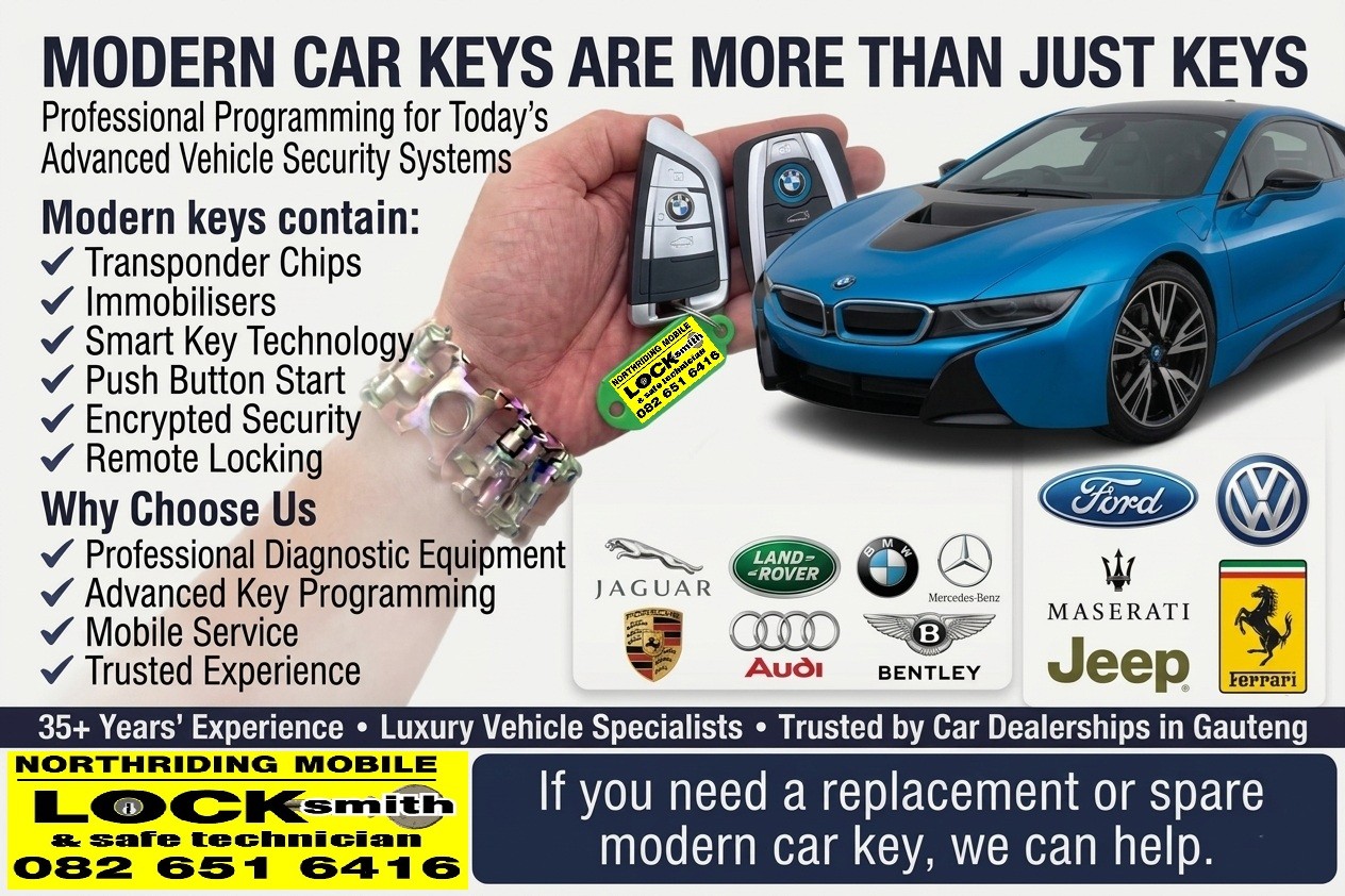 Professional modern car key replacement and programming in Gauteng, with smart keys, transponder technology and luxury vehicle brands including BMW, Jaguar, Land Rover and Mercedes-Benz.