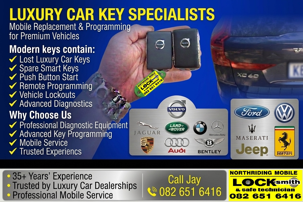 Northriding Mobile Locksmith providing mobile luxury car key replacement, smart keys, remote programming, vehicle lockout assistance and advanced diagnostics throughout Gauteng.