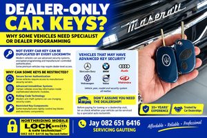 Dealer-only car keys South Africa flyer featuring a Maserati vehicle, smart car keys, advanced vehicle security and specialist key programming by Northriding Mobile Locksmith.