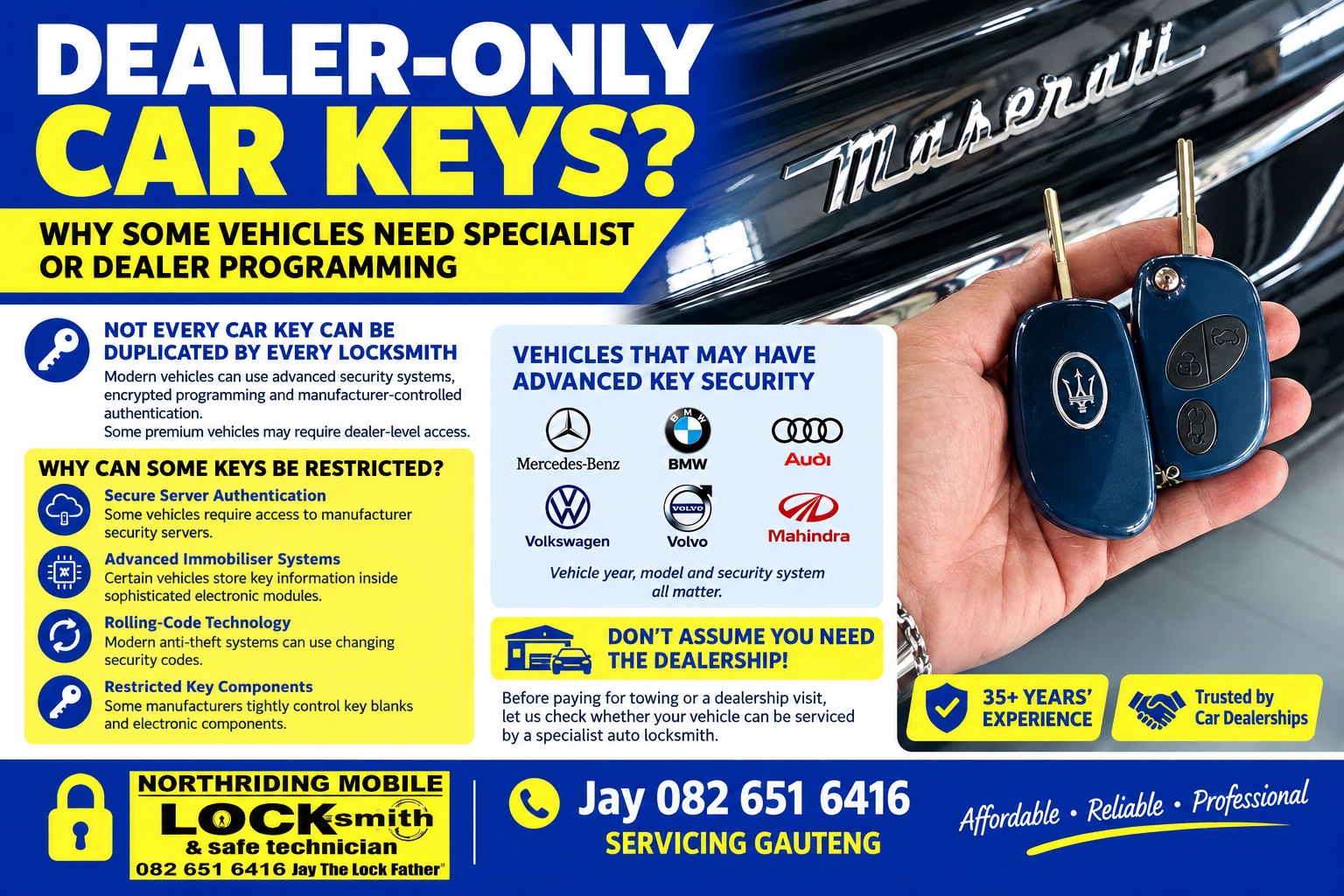 Dealer-only car keys South Africa flyer featuring a Maserati vehicle, smart car keys, advanced vehicle security and specialist key programming by Northriding Mobile Locksmith.