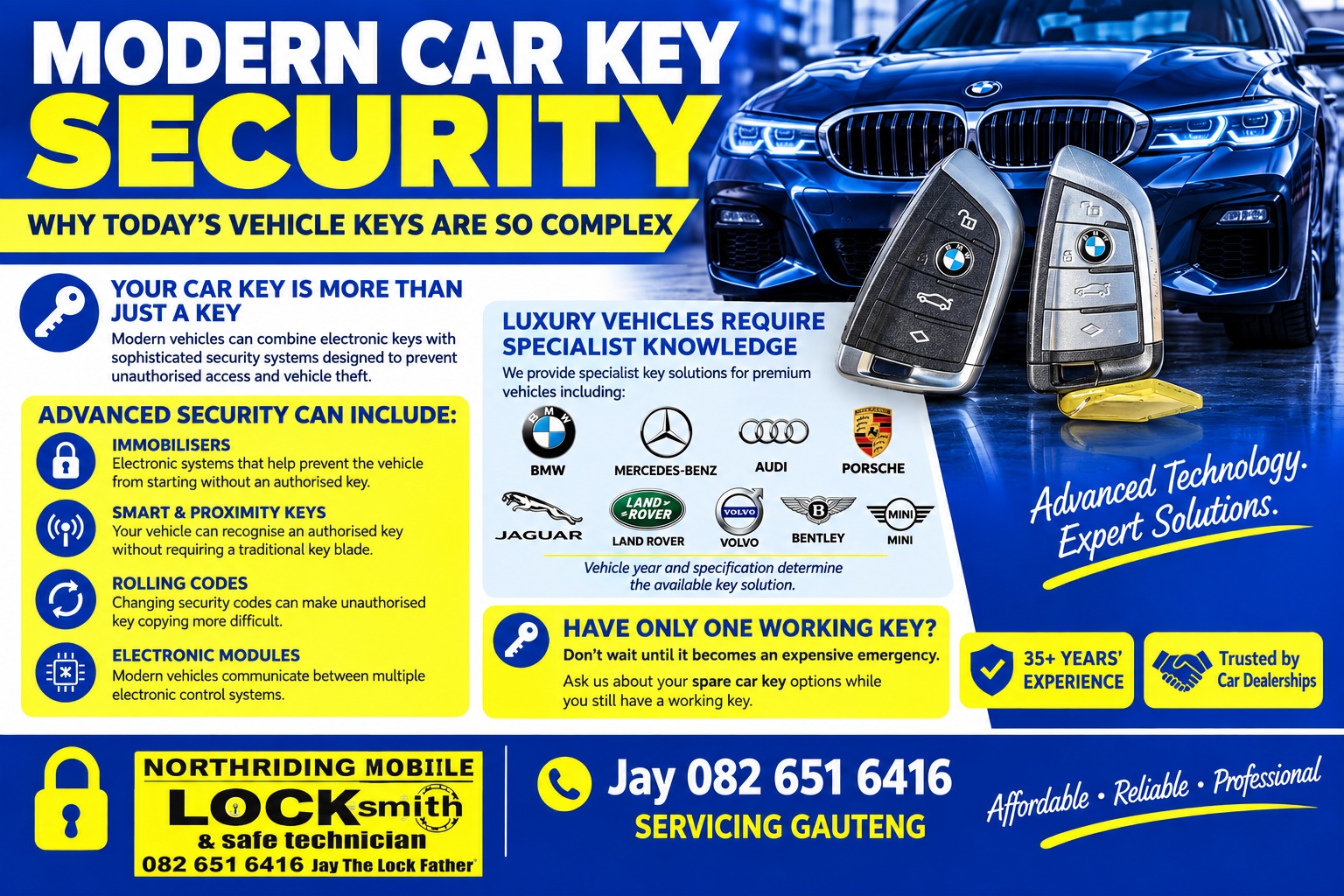 Modern car key security flyer featuring BMW vehicle and BMW key fobs, with specialist auto locksmith services from Northriding Mobile Locksmith.
