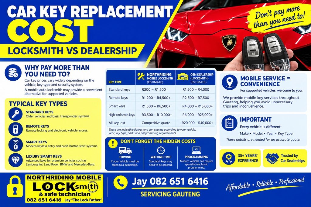 Car key replacement cost comparison showing Northriding Mobile Locksmith versus dealership pricing, with a Lamborghini and luxury car keys.