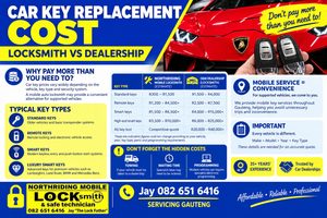 Luxury Lamborghini car key replacement flyer featuring locksmith versus dealership costs, mobile Gauteng service and Northriding Mobile Locksmith.
