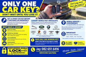 Northriding Mobile Locksmith spare car key promotion featuring luxury vehicle key specialists, mobile Gauteng service, 35+ years’ experience and trusted dealership service.